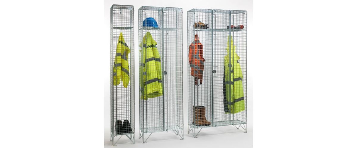 CMT Group folding wire mesh locker range showing single, two and three door configurations with BZP steel frames