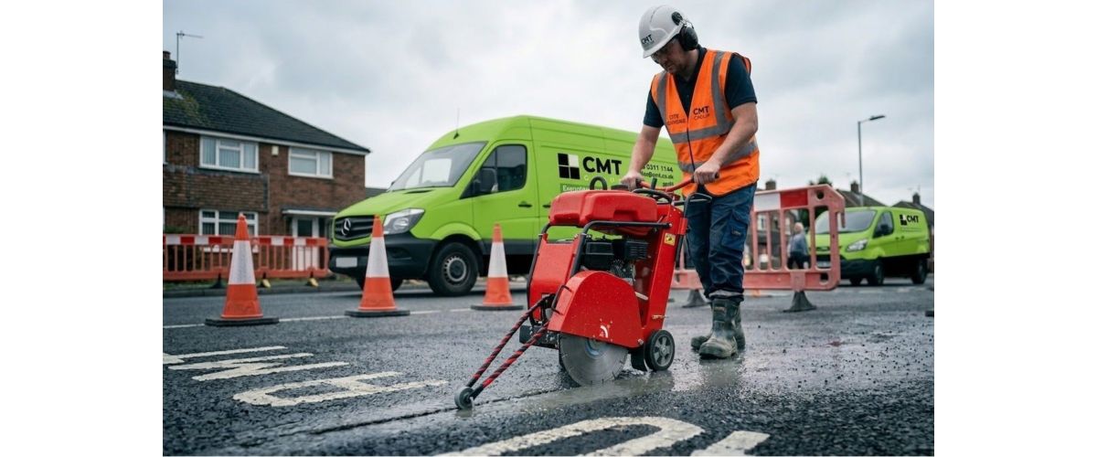 Diamond blade with undercut protection cutting through asphalt road surface on UK construction site