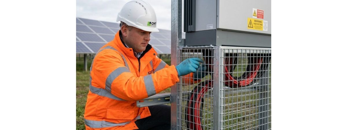 CMT Group engineer installing InverShield Mesh Box at solar farm inverter base, protecting cable runs from livestock on UK agrivoltaic site