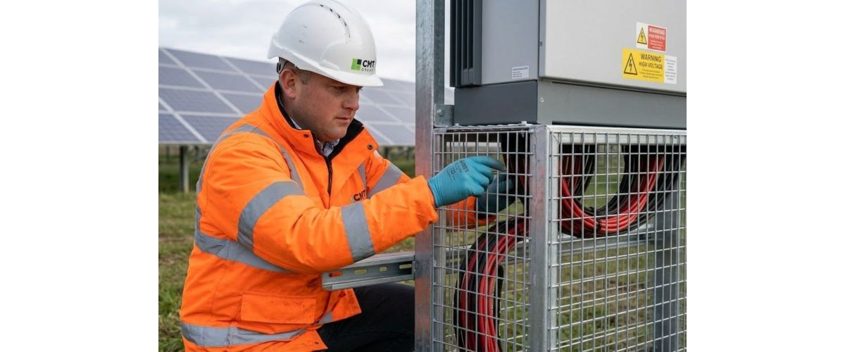 CMT Group engineer installing InverShield Mesh Box at solar farm inverter base, protecting cable runs from livestock on UK agrivoltaic site