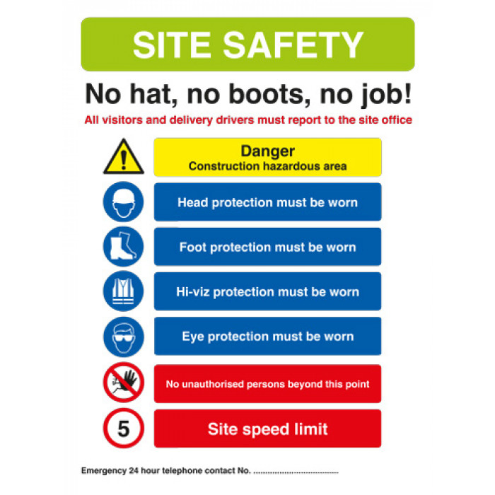 Site Safety Sign - No Hat, No boots, no job! 420mm x 594mm - Rigid PVC 