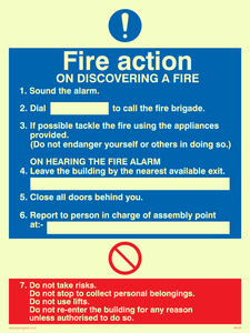 Vinyl Photoluminescent Sticker - 150mm x 200mm - Fire action notice with lifts