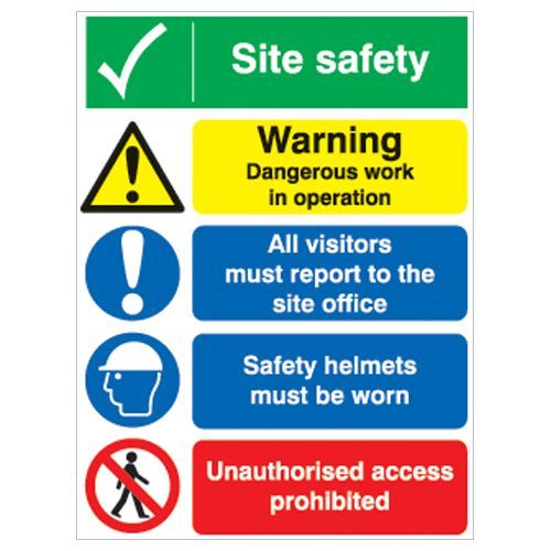 Site Safety Board - Warning/Visitors Must Report/Safety Helmets/Unauthorised Access Sign - PVC