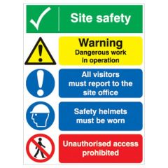Site Safety Board - Warning/Visitors Must Report/Safety Helmets/Unauthorised Access Sign - PVC
