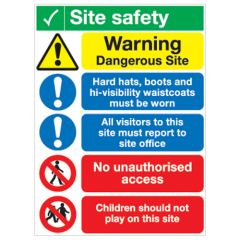 Site Safety Board - Warning Dangerous e/Hard Hats/All Visitors /No Unauthorised/Children should not A1