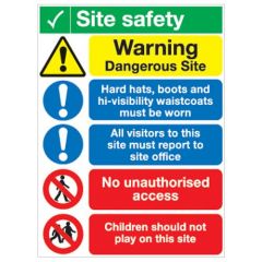 Site Safety Board - Warning Dangerous Site/PPE Needed/No Unauthorised Access - PVC