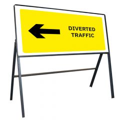 Diverted Traffic (Arrow Left) Metal Road Sign, Frame & Clips 1050mm x 450mm