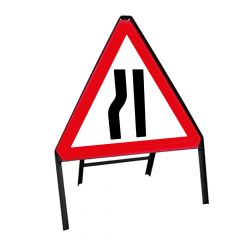 Road Narrows Left Triangle Metal Road Sign & Frame - 750mm