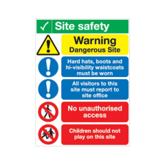 Site Safety Board - Warning Dangerous e/Hard Hats/All Visitors /No Unauthorised/Children should not 420x594mm A2 - 3mm Correx