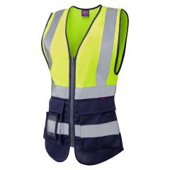Leo Womens Hi Vis Executive Waistcoat Yellow/Navy