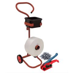 Woven Poly Strapping Kit with 19mm polyester strapping, mobile dispenser, tensioner tool and metal buckles for securing construction and industrial loads.