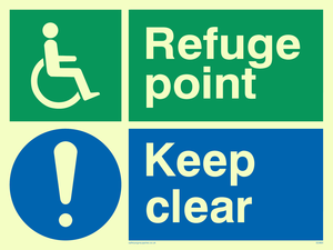 PVC Photoluminescent Sign - 200mm x 150mm - Refuge point keep clear - disability safety sign
