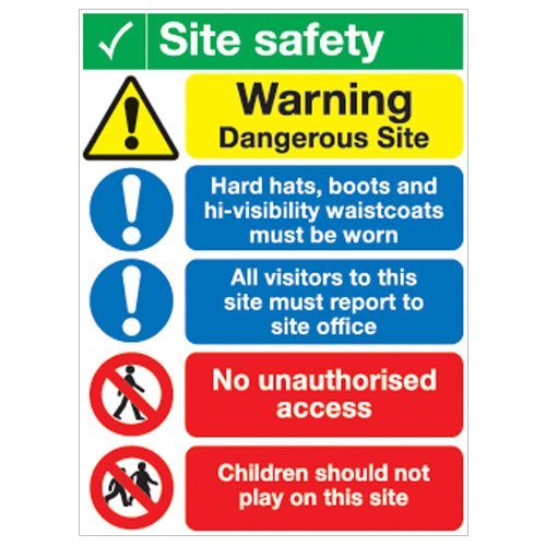 Site Safety Board Warning Dangerous Site/PPE Needed/No Unauthorised