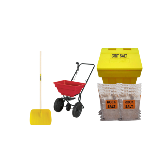 Site Winter Essentials Kit - 250kg Grit Bin, Mobile Salt Spreader, Large Snow Scoop  & 8 x 20kg Brown Rock Salt Bags