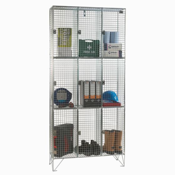 Three door wire mesh locker nest of 3 – 915mm width, 9 compartments, CMT Group