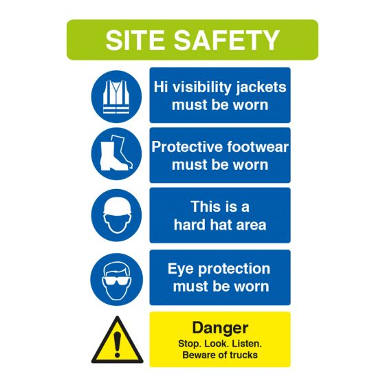 Site Safety Sign - Hi-Vis, Boots, Hard Hat, Eye Protection, Danger - PVC