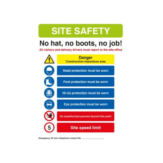 Site Sign - 6mm Correx - 594x841mm - No Hats, No Boots, No Job!