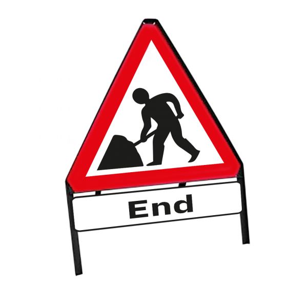 Men At Work End Triangle Metal Road Sign & Frame - 750mm