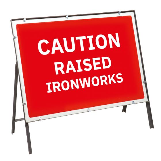 Caution Raised Iron Works Sign & Frame - 1050mm x 750mm