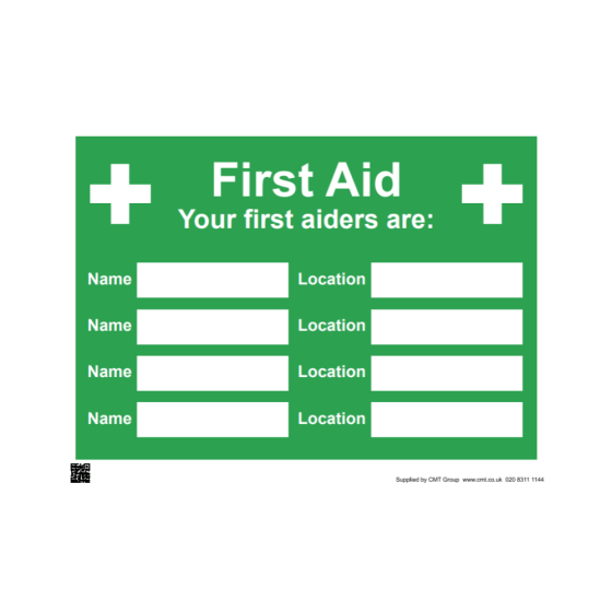 Site Sign - 3mm Correx - 297mm x 420mm (A3) - First Aid; Your First Aiders Are & Your Nearest Box is Located:-