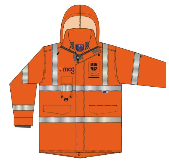 Hi Vis Railway Jacket Orange - Printed MCG on FRB & Rear + London Square on FLB & Rear + Hoist Operator on Rear 