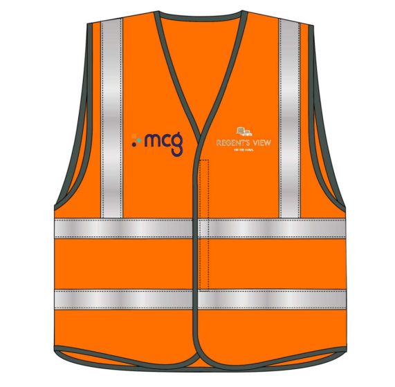 Hi Vis Sleeveless Vest Orange – Printed MCG on FRB & Rear + Regent’s View on FLB & Rear + St William / Good Order, Work, Health on Rear + Hoist Operator 