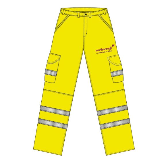 Hi Vis Polycotton Cargo Trouser Yellow – Printed Marlborough Logo on Left Leg 