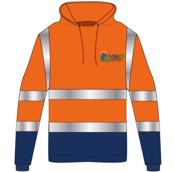Hi Vis Two Toned Hooded Sweater Orange/Navy – Printed M&O Construction on FLB & Rear 