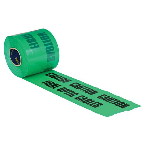 Green underground fibre optic warning tape for trench backfill and cable strike prevention