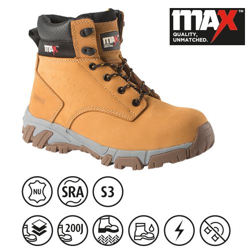 MAX MX12 Pro Comfort+ Safety Boot Honey non-metallic full boot view | CMT Group