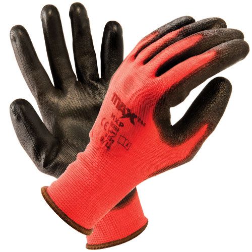 MAX MXP Red/Black PU Palm Coated Precision Gloves showing PU coated palm and breathable knit liner | CMT Group