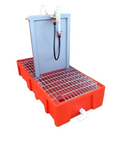 Heavy Duty Boot Wash Station (2 Person) - Rust-Proof Plastic Frame angled view with grid | CMT Group