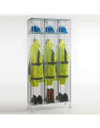 Single Door Folding Wire Mesh Locker – Nest of 3 – 1974x915mm – Ventilated BZP Steel three compartment locker with PPE jackets helmets and boots storage | CMT Group
