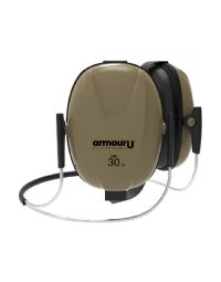 Neckband ear defenders olive green cup front view showing memory foam cushions and neckband arc | CMT Group UK