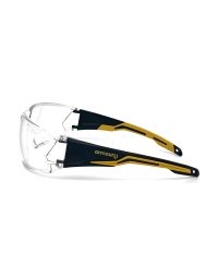 armourU K2 clear lens lightweight safety spectacles in black and yellow, 100% metal-free frameless screwless design, EN166 FTKN certified