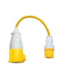 110V fly lead 0.5m yellow cable 32A coupler female left 16A plug male right white background | CMT Group UK