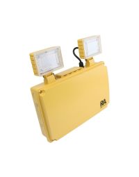 110V site emergency LED twin spotlight 4W 500lm yellow polycarbonate housing twin adjustable heads three-quarter view | CMT Group UK