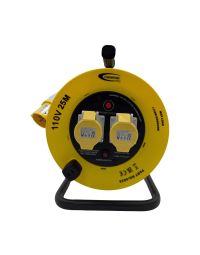 25m 110V cable reel yellow drum two 16A IEC 60309 sockets thermal cutout neon indicator front view | CMT Group UK