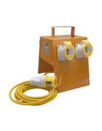 110V 4 way splitter box side angle view yellow powder coated steel housing A-frame stand | CMT Group UK