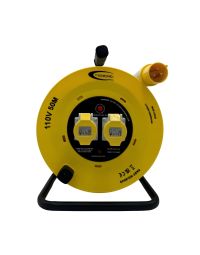 50m 110V cable reel yellow drum two 16A IEC 60309 sockets thermal cutout neon indicator front view | CMT Group UK