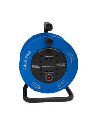 25m cable reel 240V blue drum four 13A sockets thermal cutout neon indicator front view | CMT Group UK