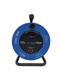 50m cable reel 240V blue drum four 13A sockets thermal cutout neon indicator front view | CMT Group UK