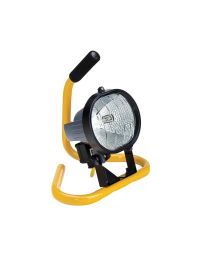 Defender 110V halogen site floodlight 400W 8400lm on yellow steel floor stand with rubber handle front view | CMT Group UK