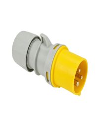 110V 16A IEC 60309 plug yellow male connector 2P+E solid pins visible angled view | CMT Group UK