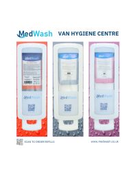 MedWash Van Hygiene Centre three-dispenser compact station front view showing Sanitise Protect Moisturise layout | CMT Group UK