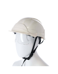 Safety helmet with integrated anti-fog goggle unvented ABS white side view goggle stowed | CMT Group UK