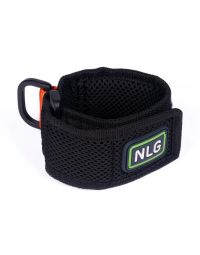 NLG adjustable wristband black non-conductive wristband with orange D-ring attachment and NLG badge angled view | CMT Group UK