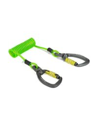 NLG coil tool lanyard showing dual 360° Rotobiner connectors and aircraft cable core green coil on white background | CMT Group UK