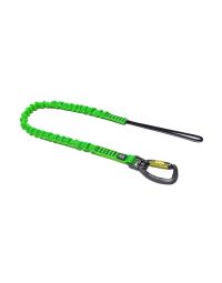 NLG bungee tool lanyard flat coiled view showing climbing cord loop and Rotobiner carabiner with NLG ID tag | CMT Group UK