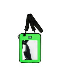 NLG tablet case front view lime green neoprene clear touchscreen panel zipper and adjustable shoulder strap | CMT Group UK